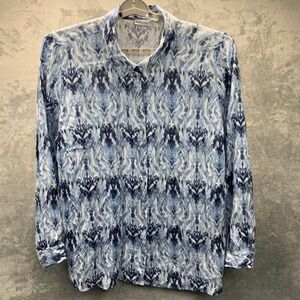 Kim Rogers Blue Ikat Print 100% Linen Button Shirt 3X Plus Size Coastal Boho